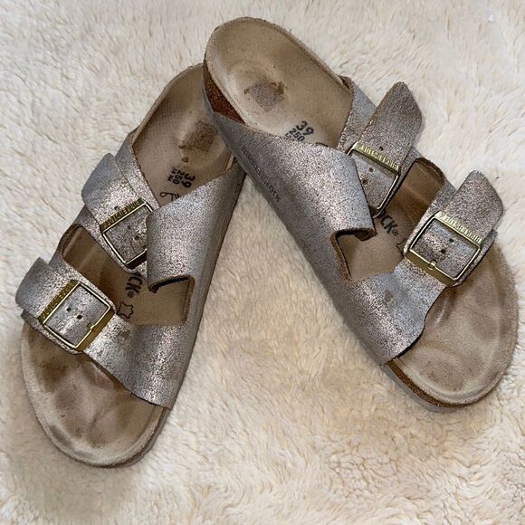 Birkenstock Shoes - Birkenstock Silver Metallic Big Buckle Sandals!